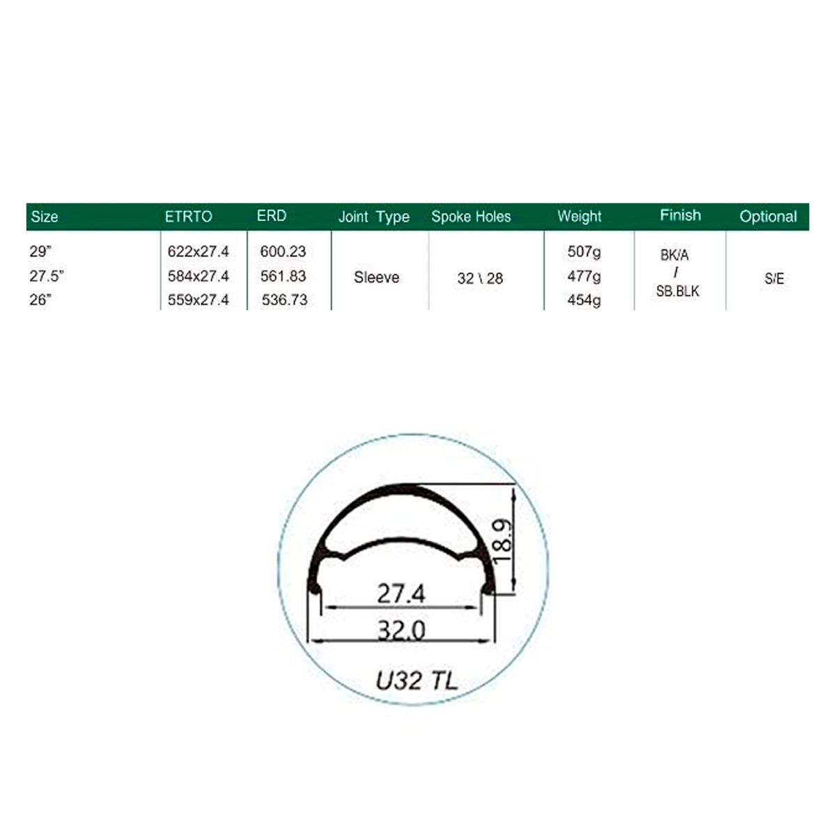 Weinmann U32 TL 27.5 28h Black Llanta